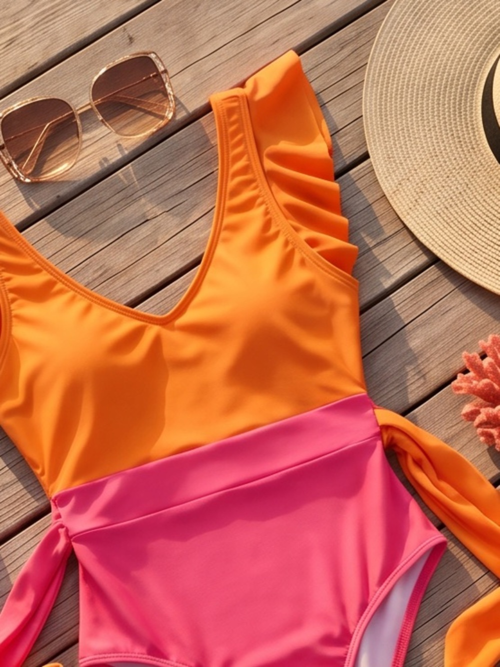 Orange & Pink One-Piece Swim Suit with Waist Sash - Picture 2 of 12